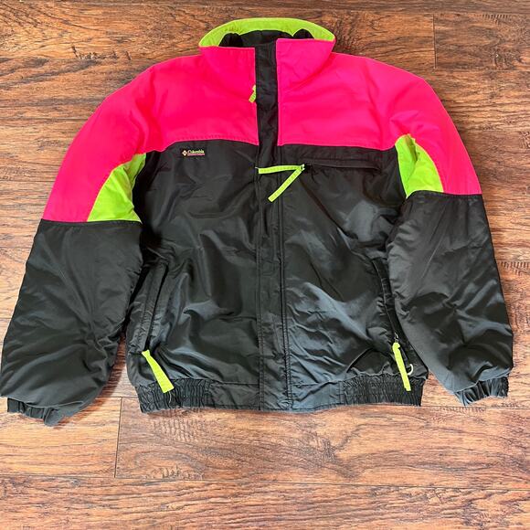 VTG Columbia Colorblock Puffer Jacket Mens Large Neon Pink Black Retro Throwback - Picture 10 of 12